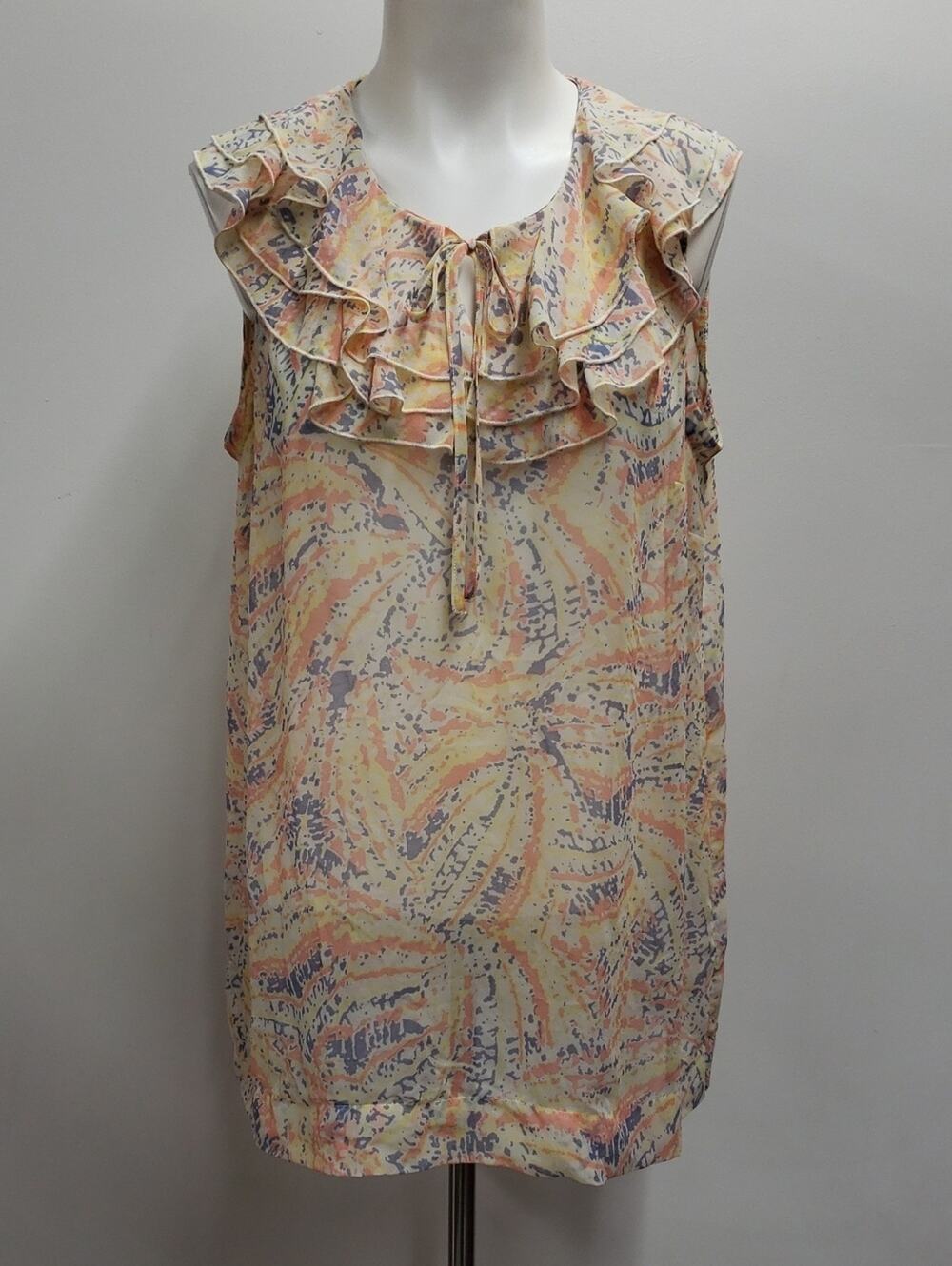 CAbi Sheer Tunic Women's Large Sheer Ruffle Sleeveless Multicolor Blouse